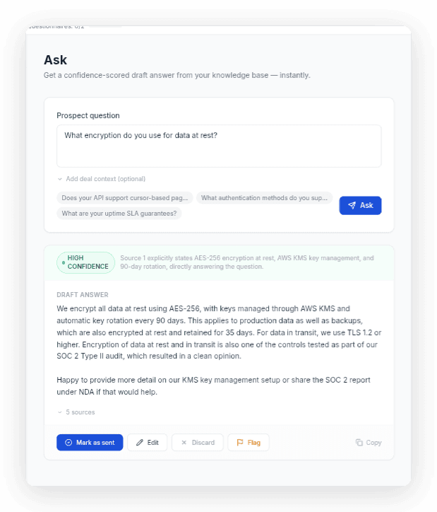 CoTeam's Ask feature showing a high-confidence draft answer about data-at-rest encryption, sourced from the knowledge base with citations