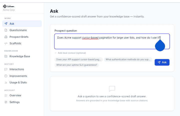 CoTeam dashboard — Ask page